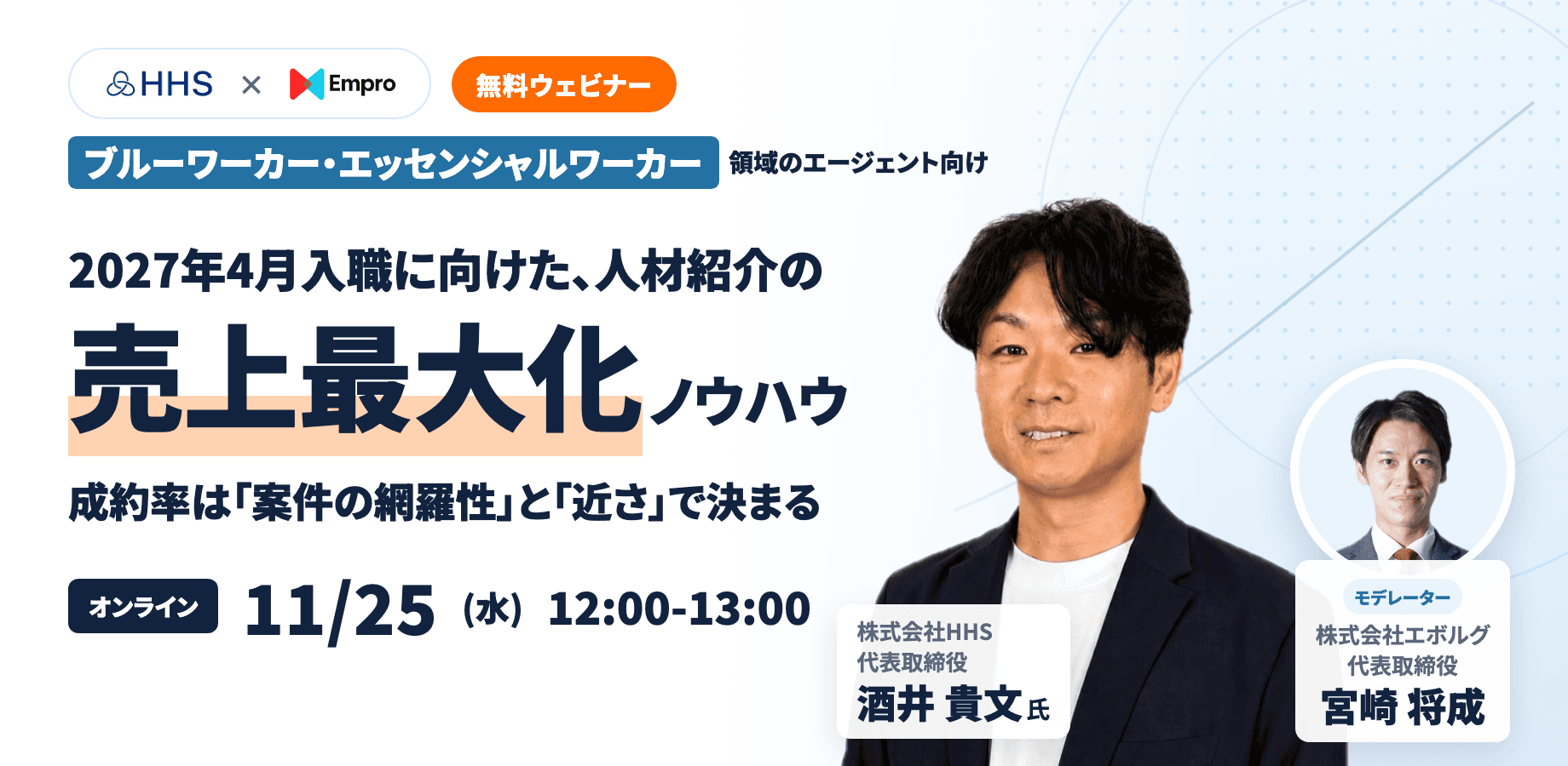 登壇者: 酒井 貴文（株式会社HHS 代表取締役）、宮崎 将成（株式会社エボルグ 代表取締役・モデレーター）